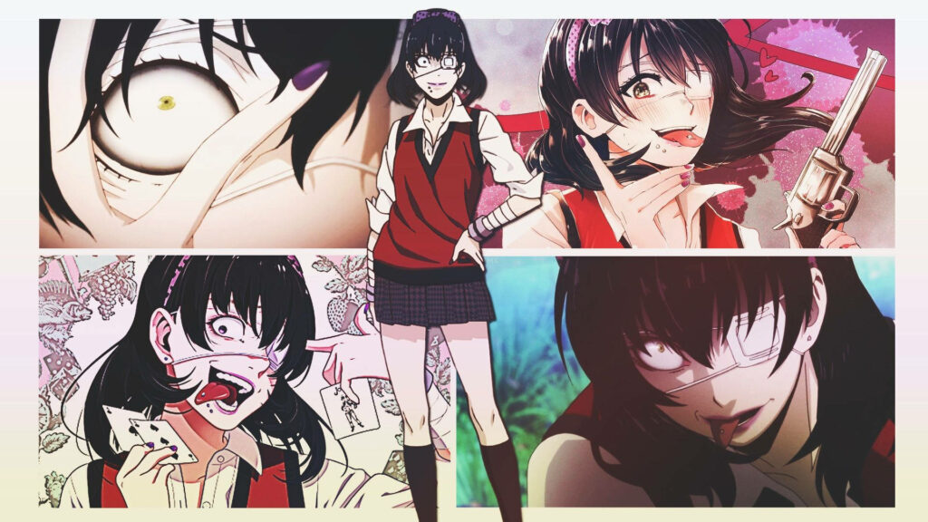 Intense Anime Character Midari Ikishima in High School Collage - Sinister Eye-patch & Thrilling Persona Displayed in Image Wallpaper