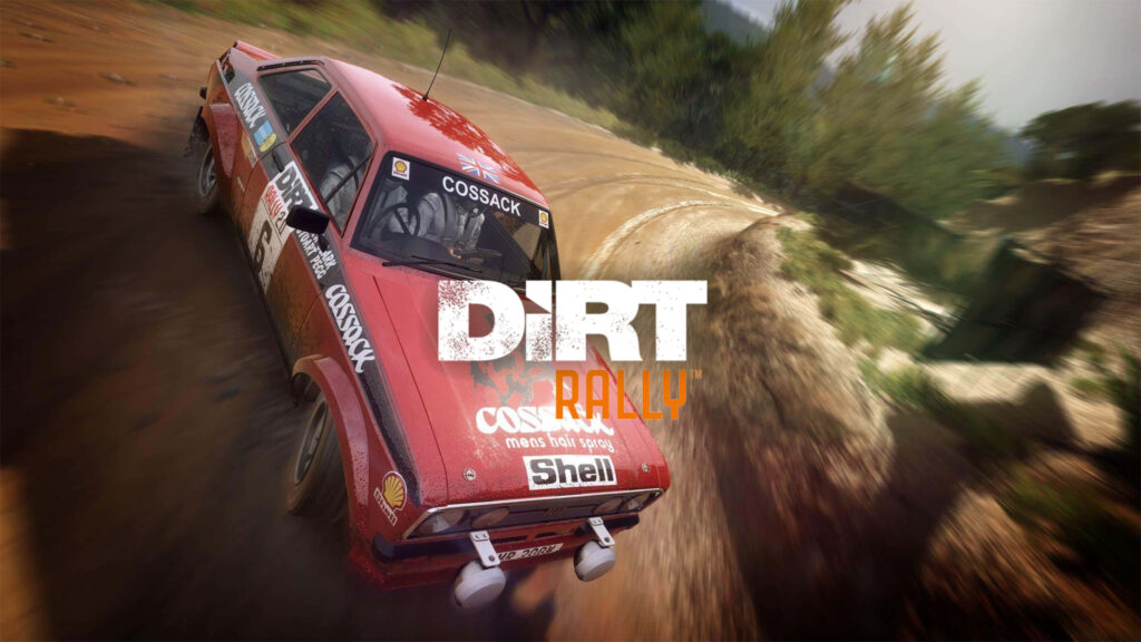 Dirt Rally Game Wallpaper: Classic Rally Car Power-Sliding on Dirt Track with Logo, Intense Off-Road Racing Background