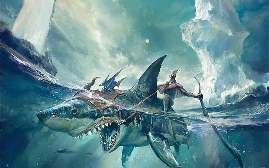 Thrilling Aquatic Adventure: Unleashing the Wild Side of the Deep Blue with a Humanoid Creature Riding a Shark! Wallpaper