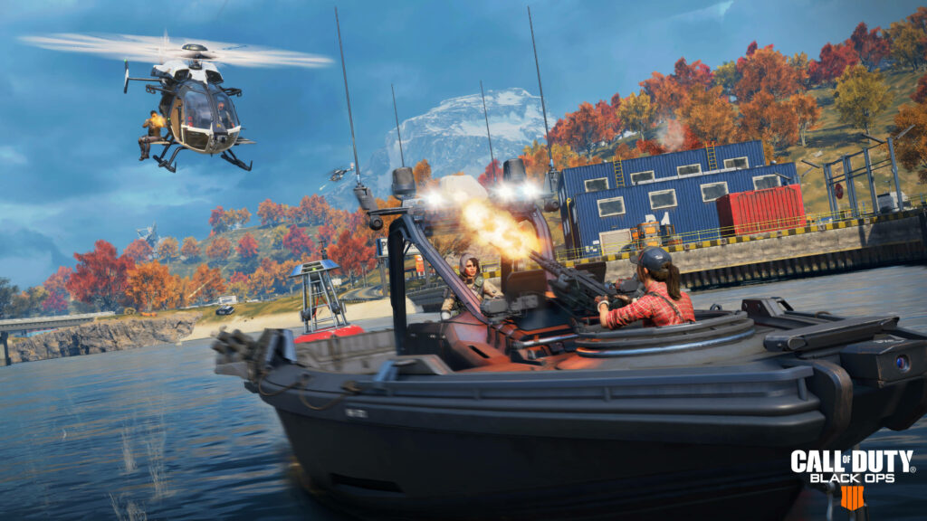 Intense Battlefield Encounter: Thrilling Helicopter Pursuit on Open Waters in COD Black Ops 4 Wallpaper