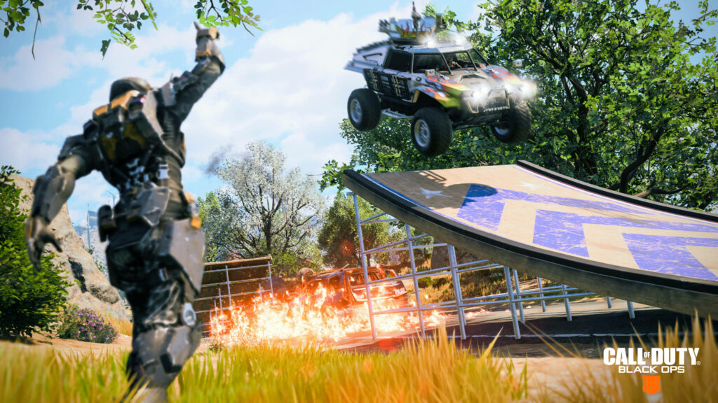 Intense action in Call of Duty: Black Ops 4 wallpaper - soldier sprinting with fiery explosion in the background