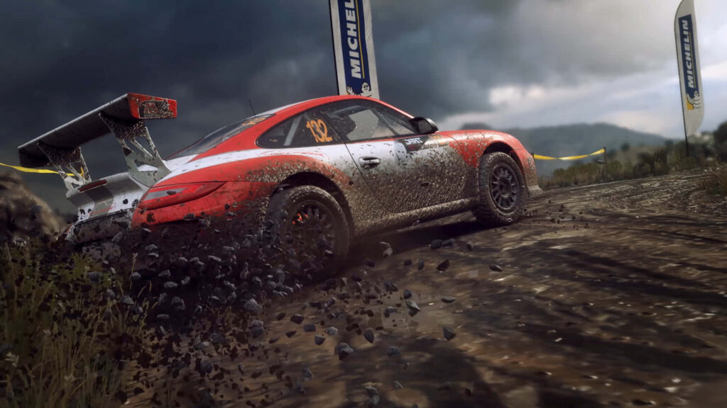 Dynamic dirt rally car racing past checkpoint on gravel track - thrilling motorsport wallpaper