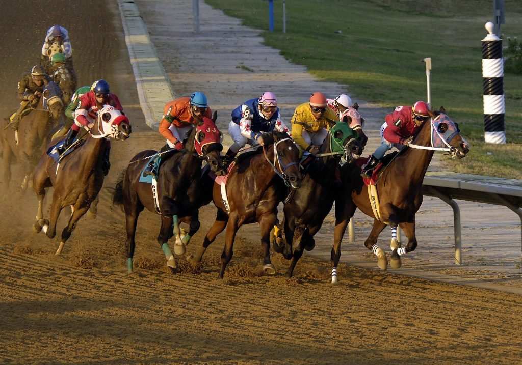 Jockeys racing at full speed on dusty dirt track vibrant silks intense thoroughbred competition Wallpaper