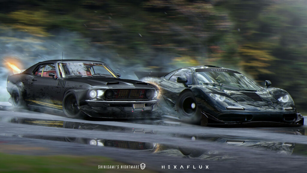 Thrilling Race Wallpaper: McLaren F1 vs. Retro Muscle Car