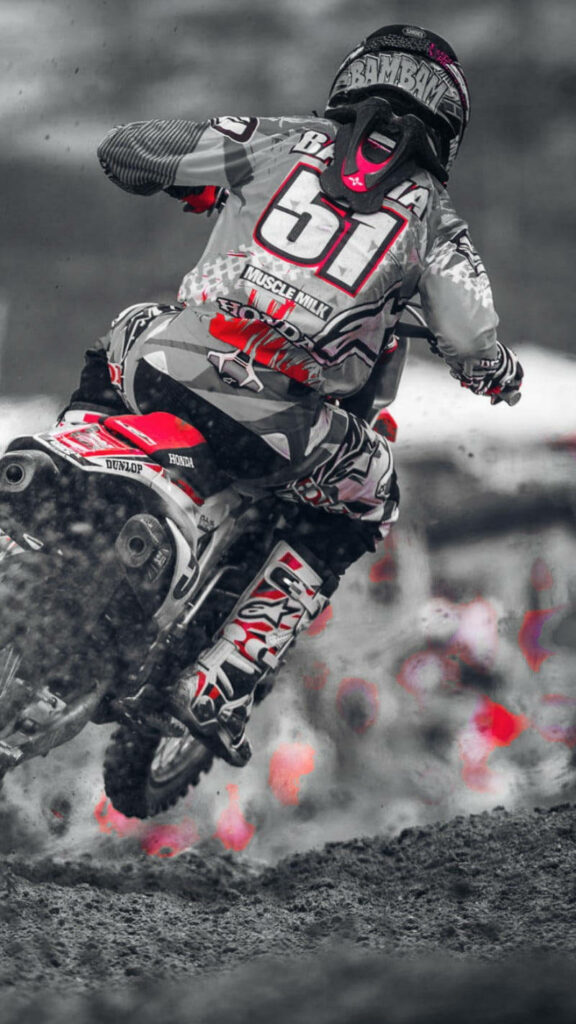 Thrilling Motocross Wallpaper: Rider 51 in Grayscale & Red