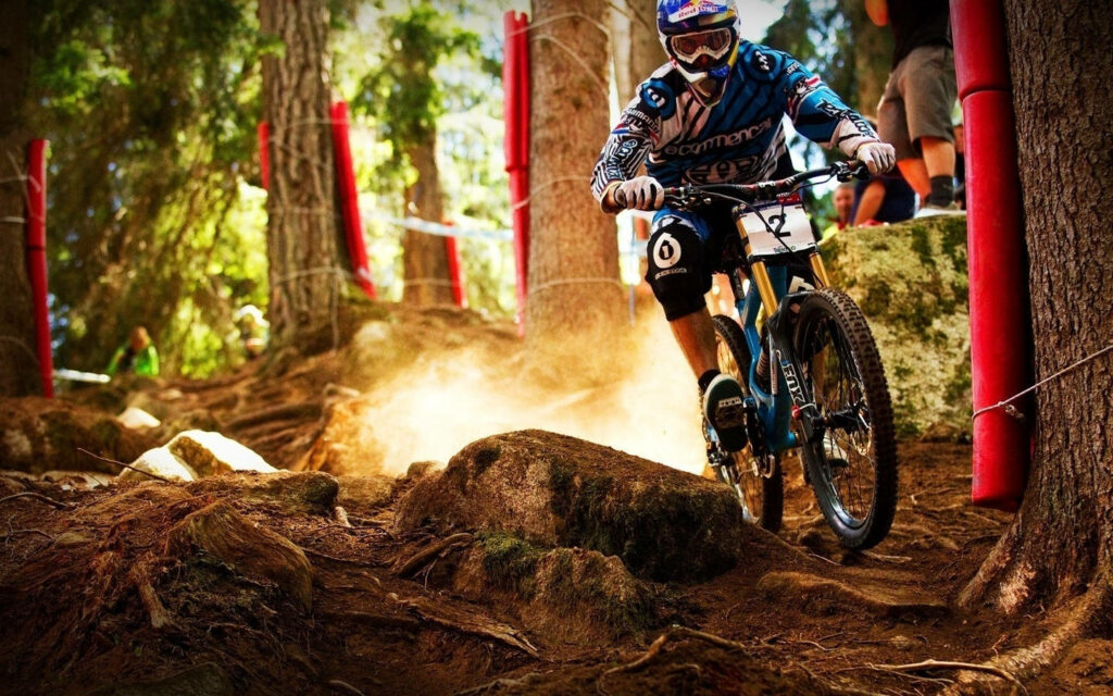Thrilling Motocross Wallpaper: Rider on Rugged Forest Trail