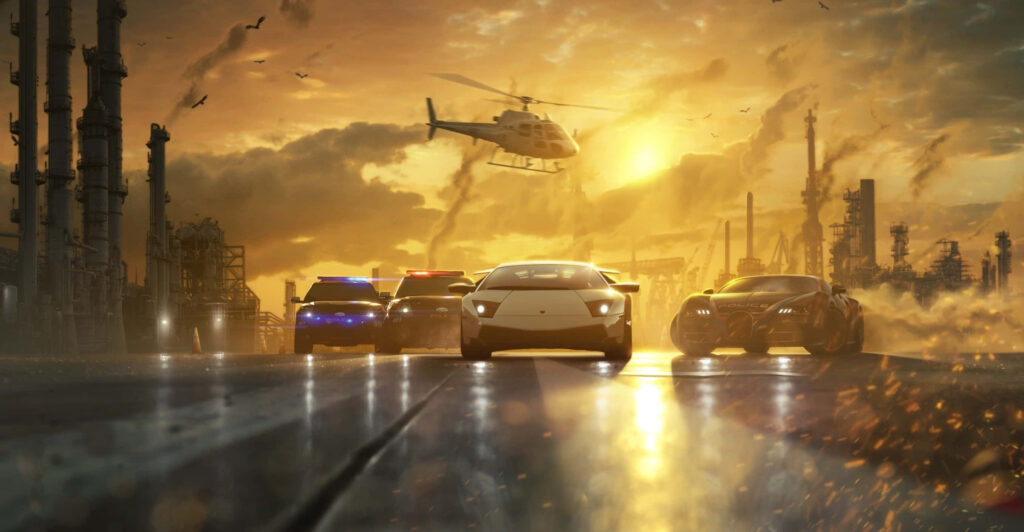 Thrilling Need for Speed Wallpaper: Cars Racing at Sunset with Police