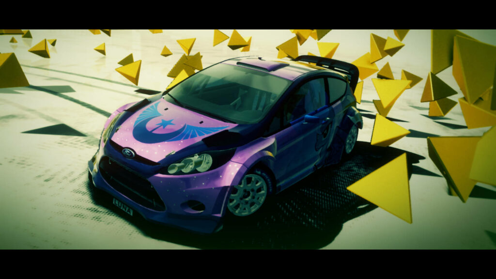 Dirt 3 purple rally car drifting with star and moon livery in dynamic wallpaper background
