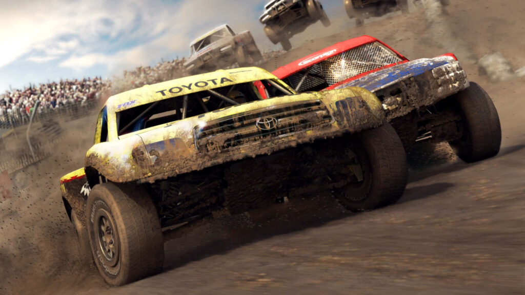 Thrilling dirt car wallpaper with off-road trucks racing on muddy track and flying debris action