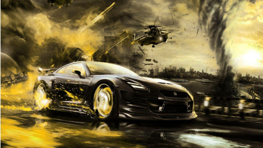 Intense Pursuit: Captivating Full HD Wallpaper of a Black Sports Car Evading a Helicopter