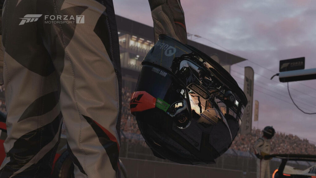 Roaring Triumph: A Spectacular Snapshot Capturing a Helmeted Racer Connecting with the Ecstatic Crowd in Forza Motorsport 7 Wallpaper