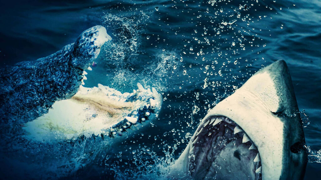 Fierce Shark vs Crocodile Battle Wallpaper in Dark Waters