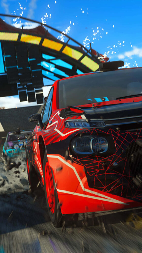 Speed Demon: Thrilling Rear View of Red Racing Car in Dirt Video Game Wallpaper