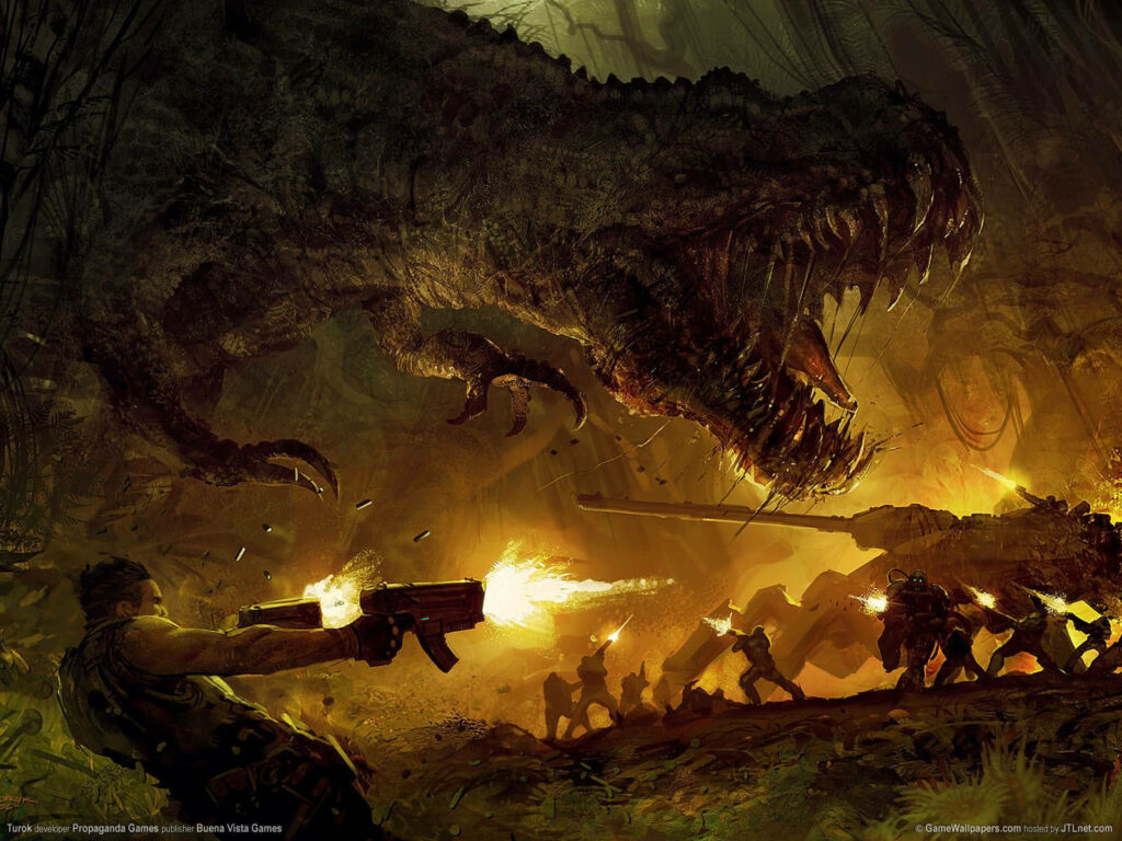 Fierce T-Rex Artwork: Intense Jurassic Park Jungle Scene Wallpaper
