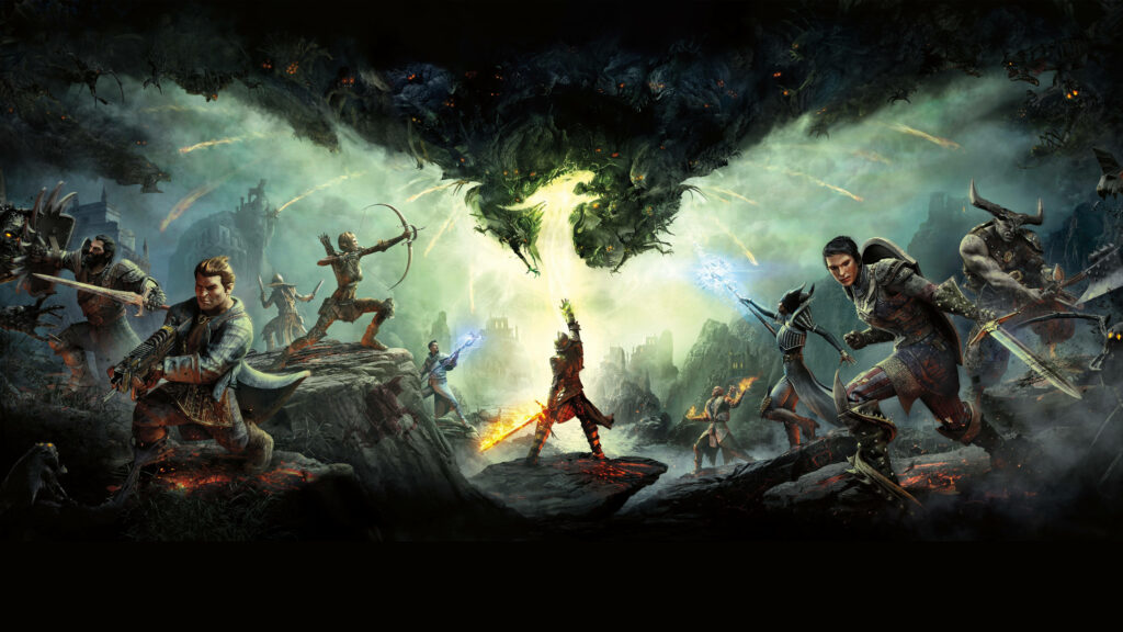 Epic Dragon Age: Inquisition Wallpaper with Heroic Characters & Mystical Energy