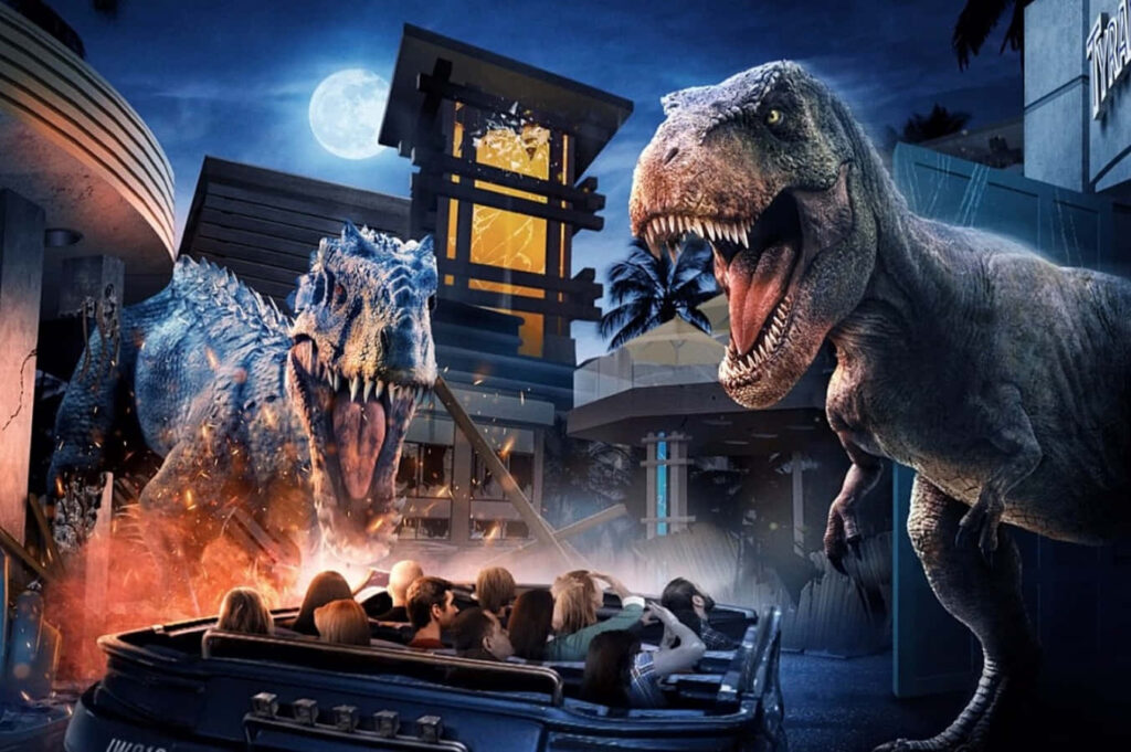 Exciting Wallpaper: Car Ride with T-Rex & Dinosaurs Under Night Sky