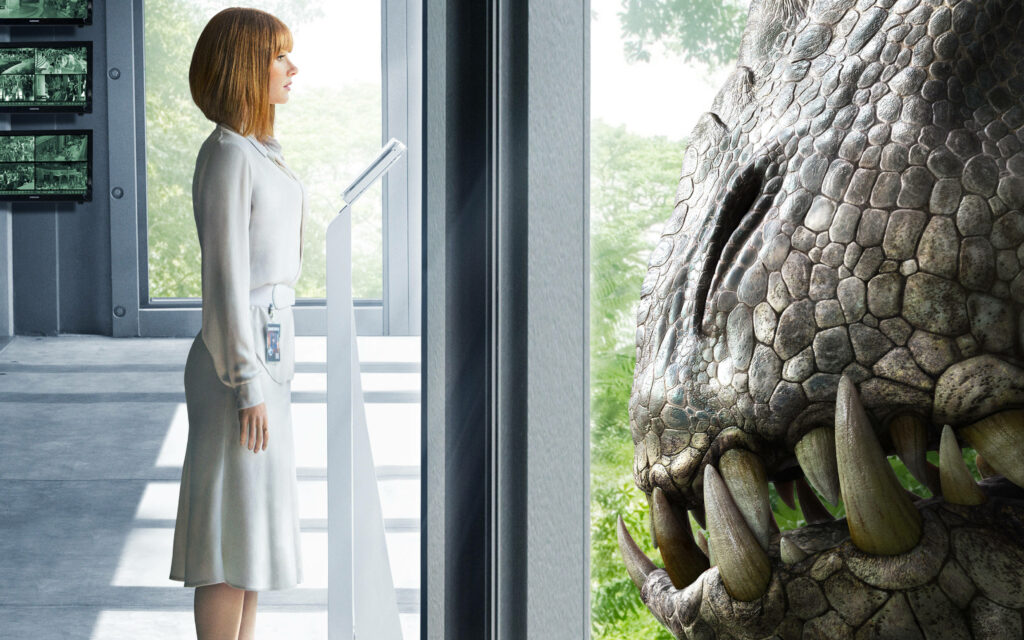 Thrilling Jurassic World Wallpaper: Scientist vs. Towering Dinosaur