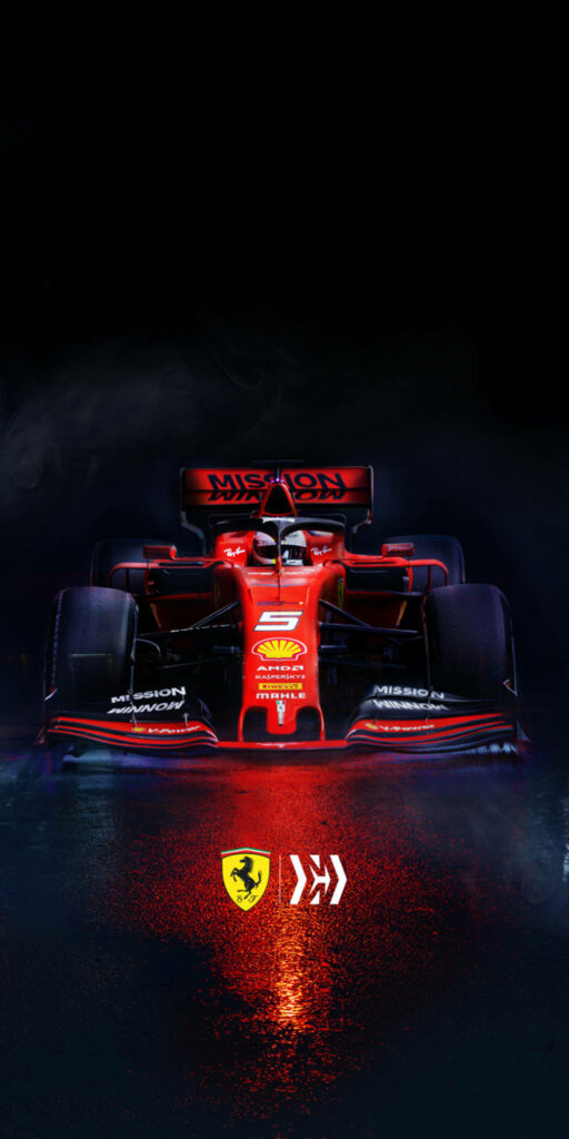 Revving Up the Excitement: Adrenaline-Packed Red Formula One Car Takes Over the Celestial Black Galaxy with Prominent Ferrari Emblem Wallpaper