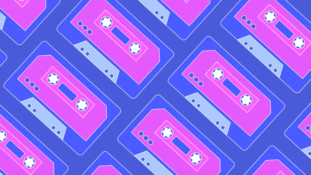 Purple Nostalgia: Lively Arrangement of 80s Retro Cassette Tapes Adorned in Vintage Patterns Wallpaper