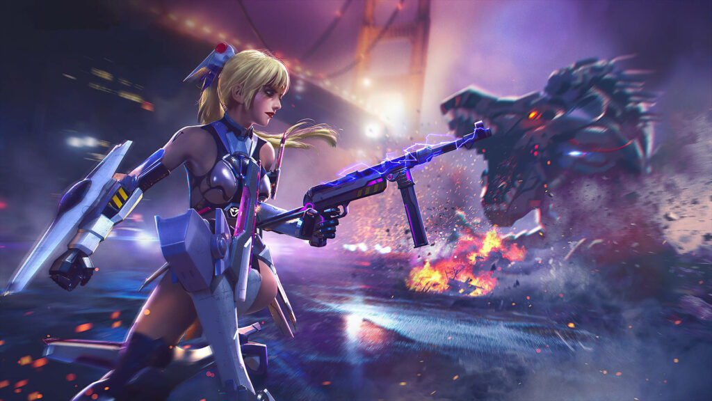 Thundering Heroine: Free Fire Desktop Wallpaper featuring a Courageous Girl Carrying a Thunder Rifle with a Monsterous Background