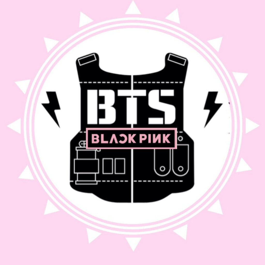 Unified Powerhouses: BTS & Blackpink Emblem Encased in Vibrant Pink Typography—A Thunderbolt-Clad Black Vest Chronicles Their Legendary Alliance Wallpaper
