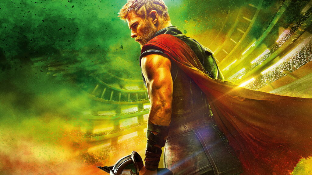 Thor Ragnarok wallpaper featuring Chris Hemsworth as gladiator Thor in vibrant arena lighting