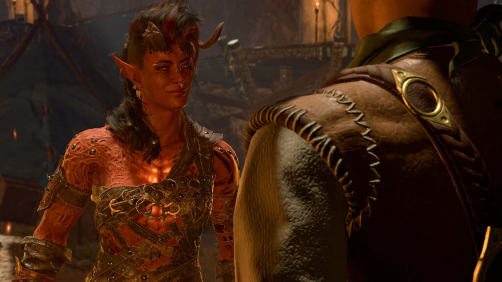 Tiefling character from Baldurs Gate 3 in detailed fantasy setting close conversation wallpaper