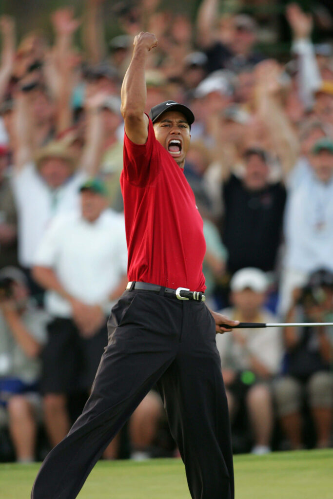 Tiger Woods celebrating victory on golf course wallpaper symbolizing triumph and determination