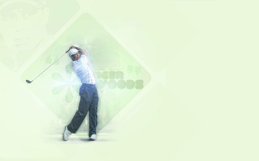 Tiger Woods mid golf swing with soft green background legendary golf wallpaper image