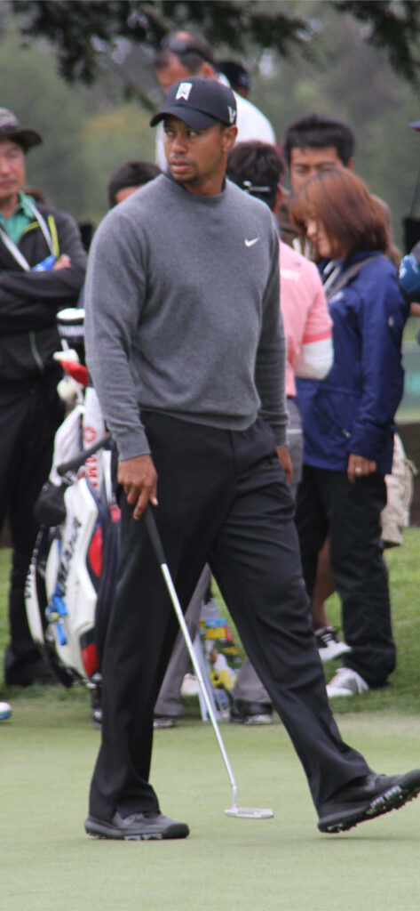 Tiger Woods on golf course in gray sweater and black pants focused professional wallpaper