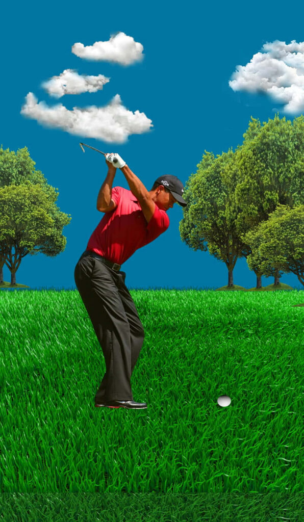 Tiger Woods mid-swing on vibrant golf course with blue sky white clouds and green trees wallpaper