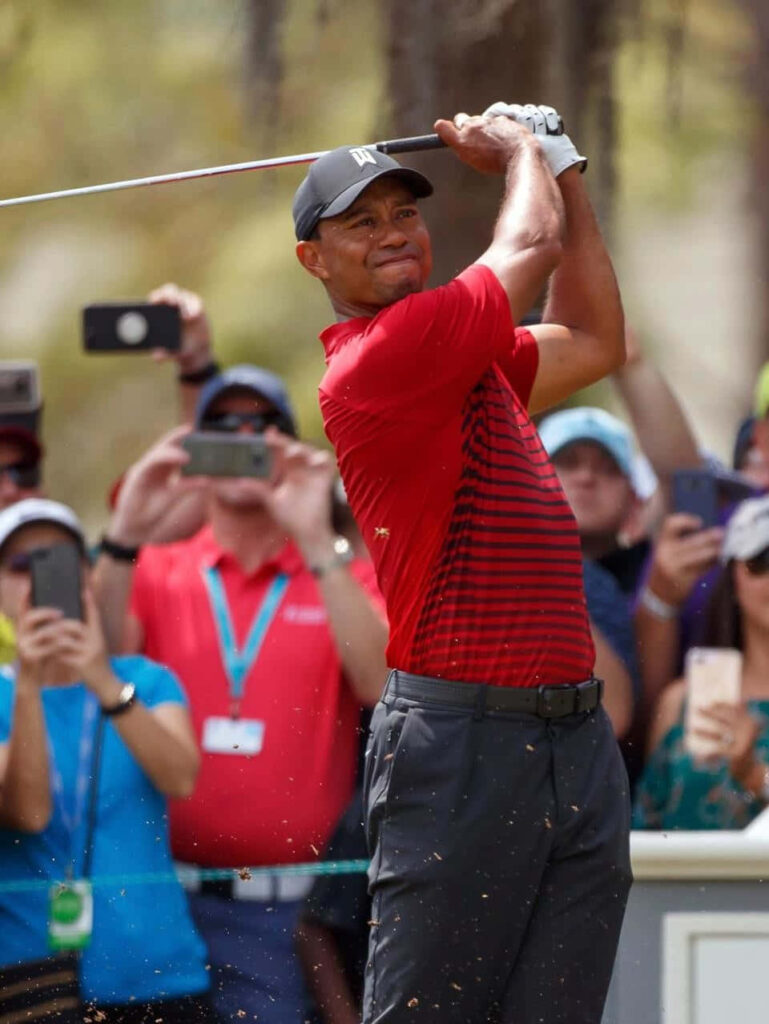 Tiger Woods mid-swing golf wallpaper with spectators capturing photos on the course background