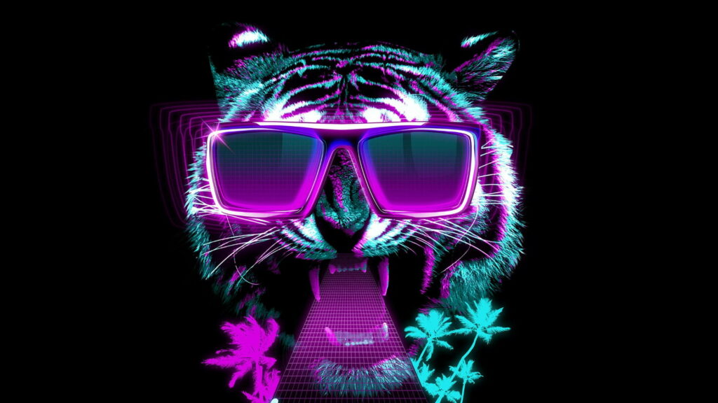 Fierce tiger with neon sunglasses on synthwave grid with palm silhouettes retro wallpaper background