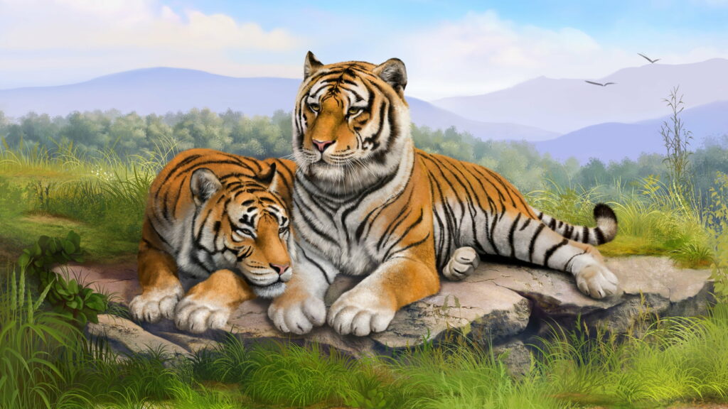 Beautiful Tiger Wallpaper: Majestic Tigers Resting in Lush Environment