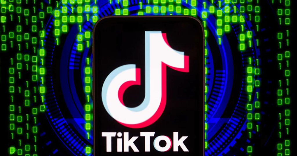 TikTok logo on smartphone with vibrant green binary code digital futuristic wallpaper background