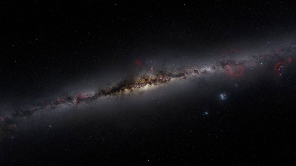 Tilted Milky Way astrophotography with stars dark dust and red nebulae cosmic wallpaper background