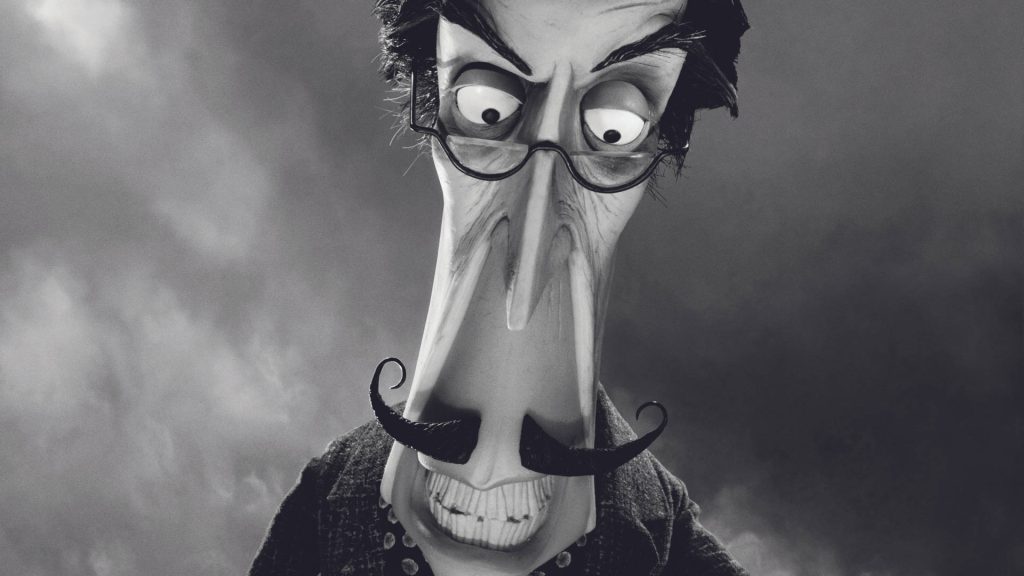 Close-up black-and-white wallpaper of Mr Rzykruski from Tim Burton’s gothic Frankenweenie
