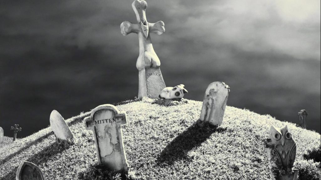 Tim Burton Frankenweenie Sparky at bone grave near Mitten tombstone black and white wallpaper