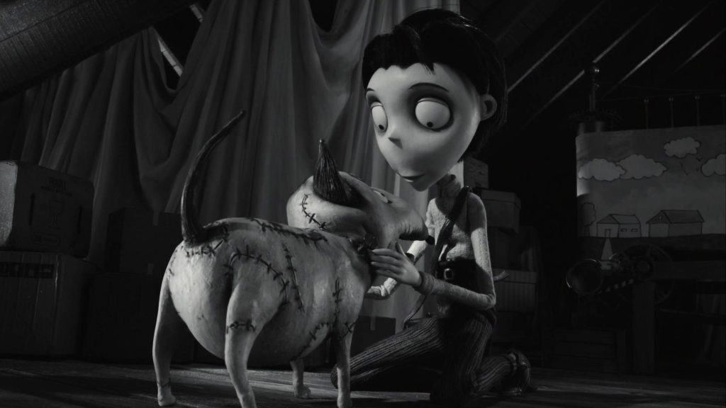Tim Burton Frankenweenie wallpaper Victor Frankenstein pets Sparky in moody black and white scene