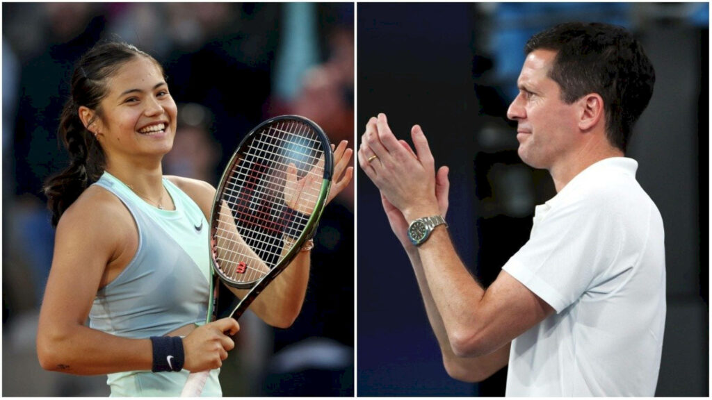 Tennis stars Emma Raducanu smiling with racquet and Tim Henman applauding vibrant wallpaper background