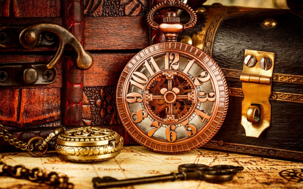 Nostalgia in Time: Antique Pocket Watches, Retro Timepieces, and A Vintage Sundown Wallpaper