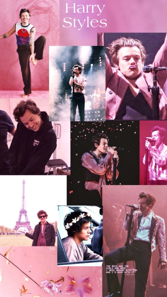 Historical Evolution of Harry Styles: From One Direction Heartthrob to Solo Sensation - A Captivating Collage Wallpaper