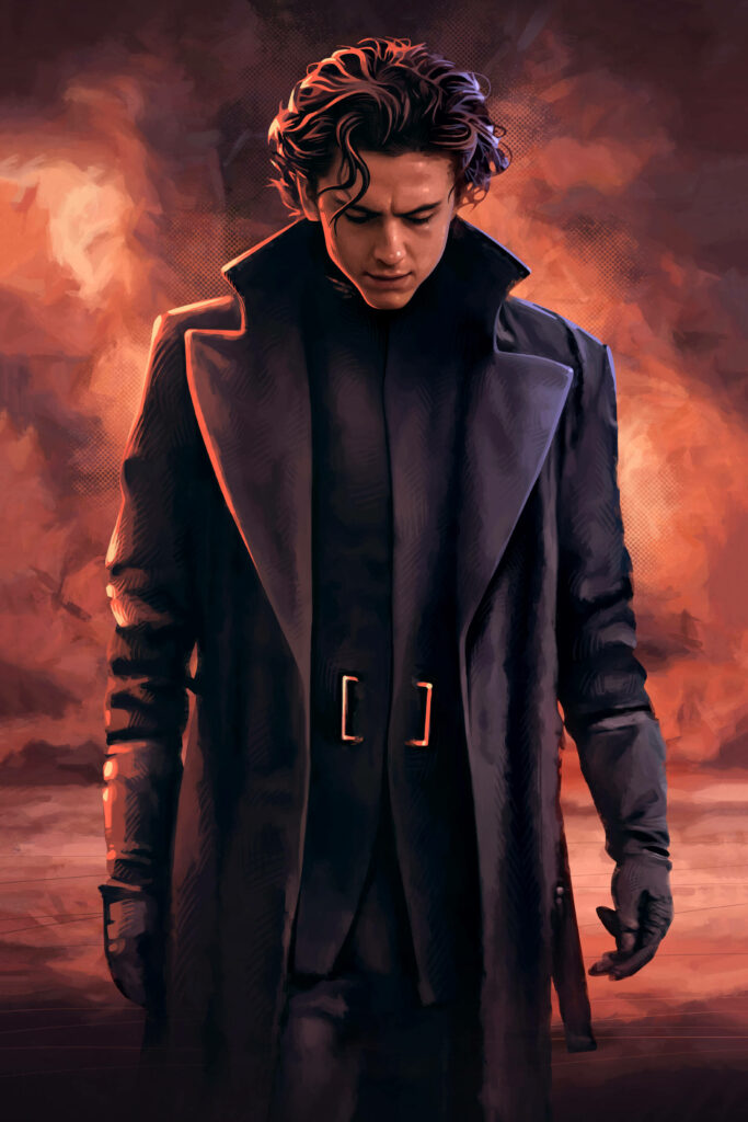 Realistic digital illustration of Timothée Chalamet in dark attire with fiery dramatic background wallpaper