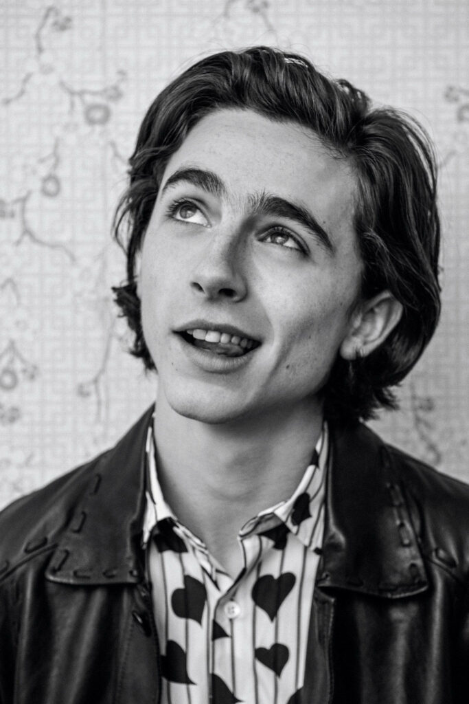 Timothée Chalamet grayscale wallpaper leather jacket heart shirt expressive youthful gaze