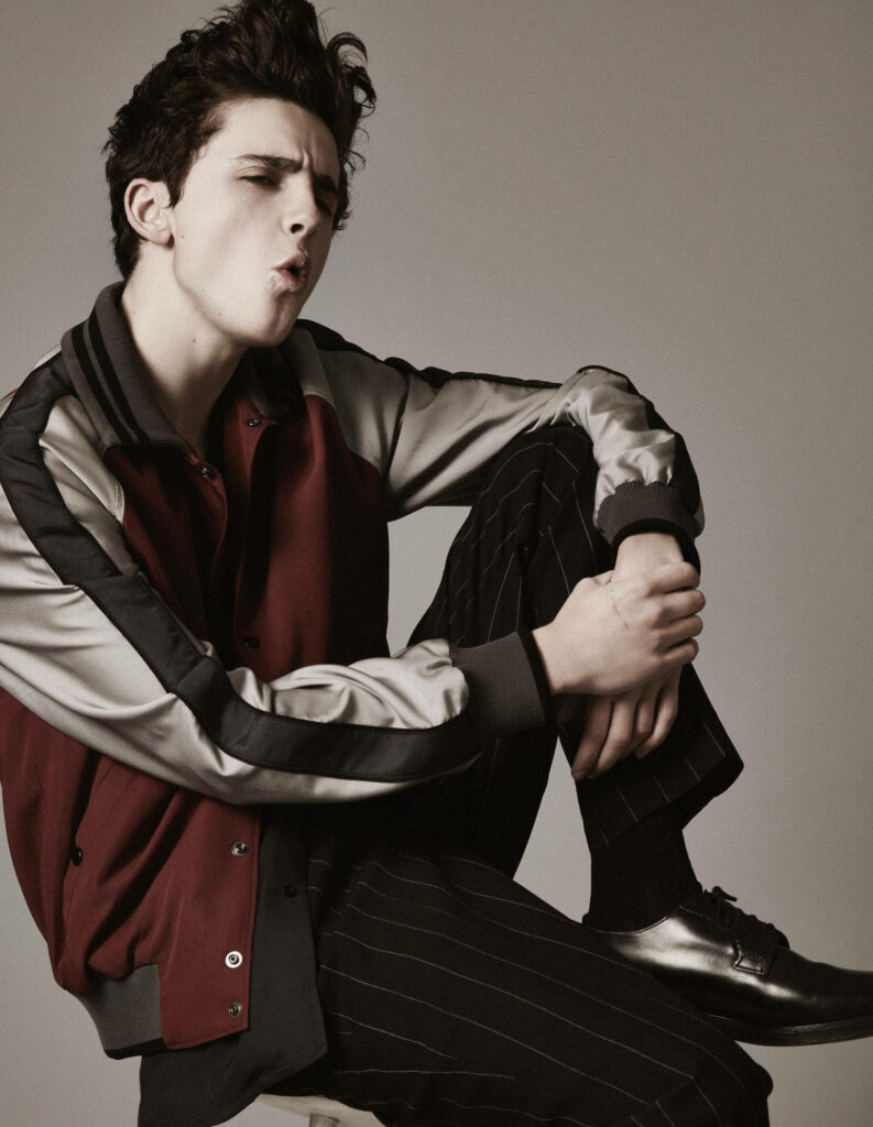 Timothée Chalamet stylish multicolored jacket pinstripe pants modern fashionable wallpaper background