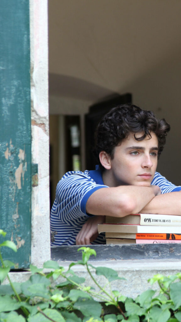 Timothée Chalamet leans on books by a window with soft natural light in a calm thoughtful scene Wallpaper