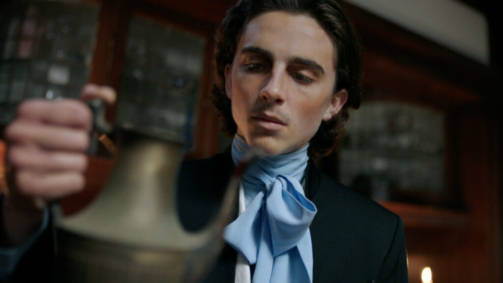 Timothée Chalamet in elegant period costume gazing at jug vintage dimly lit Cannibal theme wallpaper