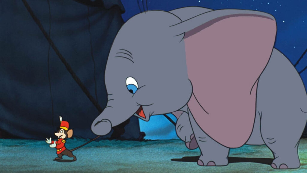 Timothy leads Dumbo under starry sky in bright classic Disney hand-drawn animation wallpaper