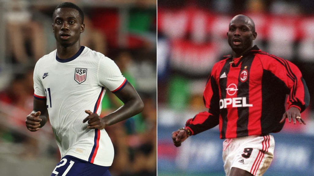 Timothy Weah USA kit and George Weah AC Milan jersey soccer legacy split-screen wallpaper