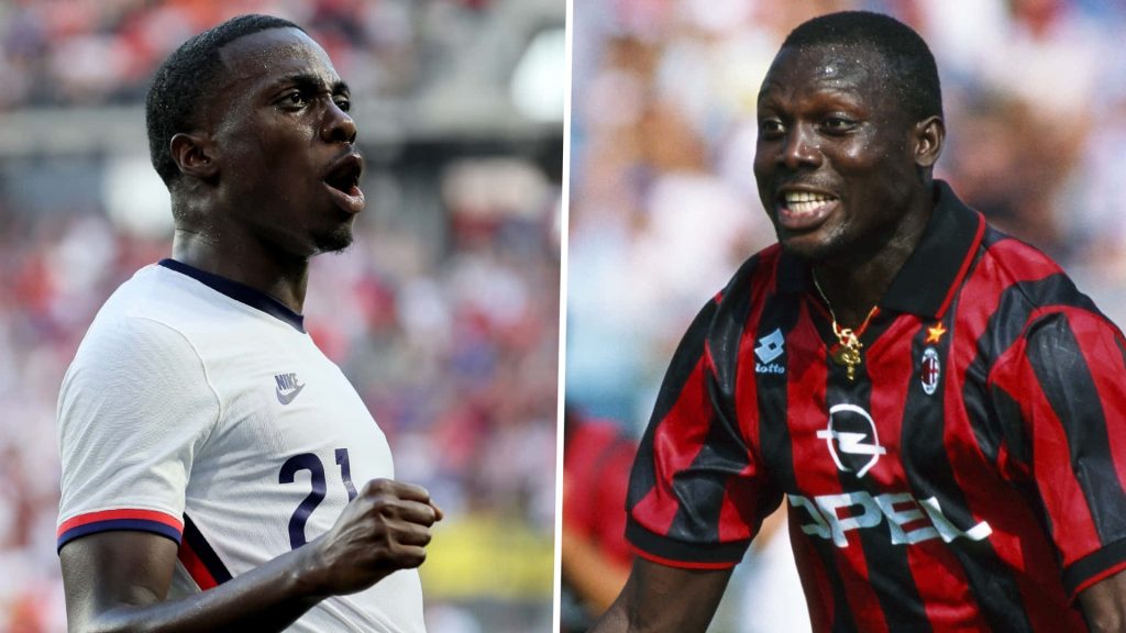 Split-screen wallpaper of soccer stars Timothy Weah in US kit and George Weah in AC Milan jersey